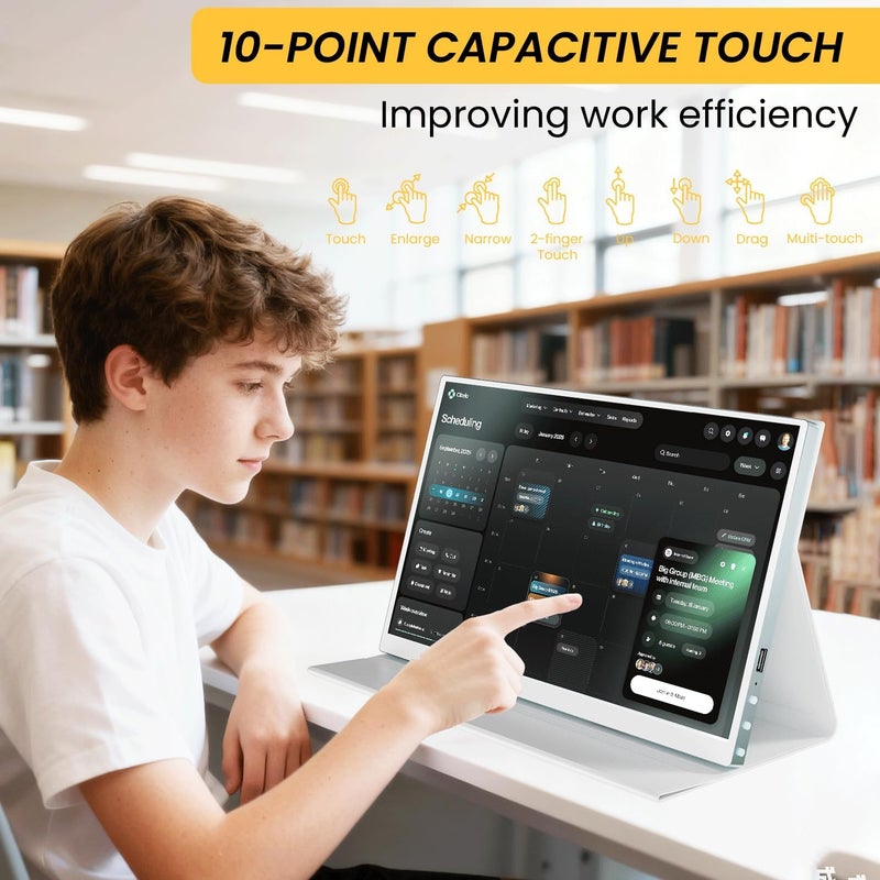 Prechen 15.6'' Touchscreen Portable Monitor, FHD IPS Display with Built-in Speaker & Protective Case, 10-Point Touch Screen, HDMI & USB-C Travel Monitors for Laptop, PC, Phone,Metal Gray + White - Image 2